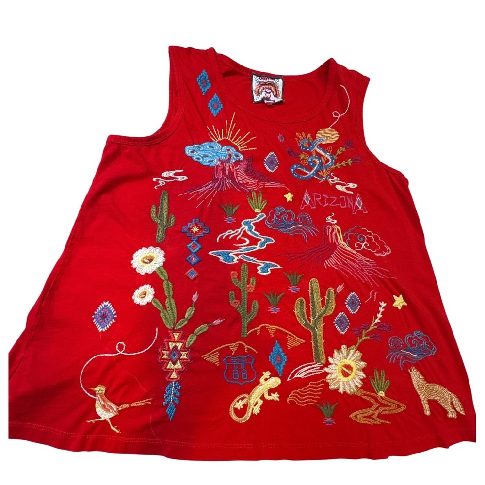 Johnny Was Arizona Embroidered Red Cotton Tank Top Womens Large Boho